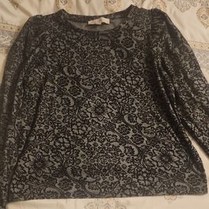 LOFT Black and Gray Floral Long Sleeve Top